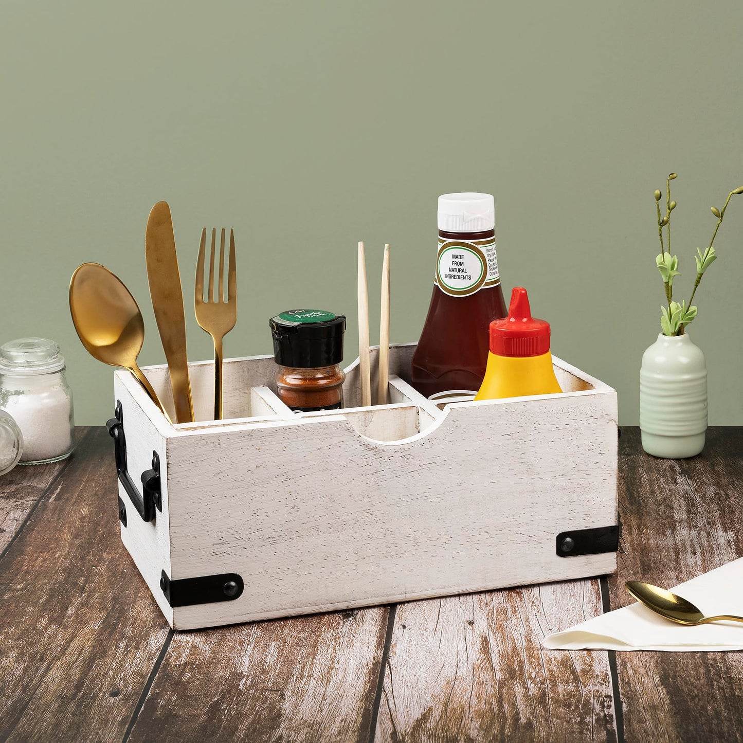 GoCraft 6-Compartment Wooden Flatware Caddy – Versatile Organizer for Kitchen Utensils, Silverware, Condiments, Craft Supplies, Makeup Brushes – Whitewashed Mango Wood with Sturdy Metal Handles