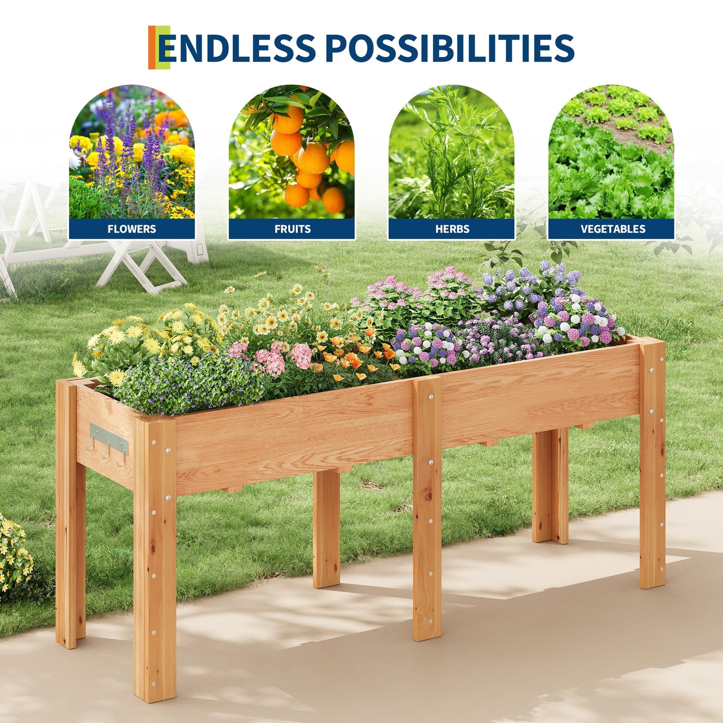 72x 23x30IN Raised Garden Bed Outdoors with High Legs & Hooks, Non-Woven Liner, Elevated Wooden Large Planter Box for Backyard, Patio, Balcony w/Divider Panel, 6 Legs, 300lb Capacity