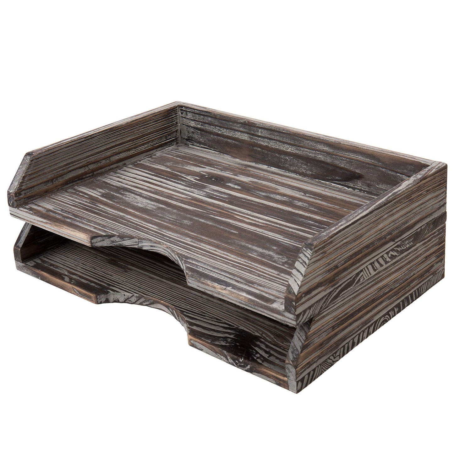 MyGift Set of 2 Torched Wood Stacking Desk Paper Tray, Office Desktop Stackable Document File Folder and Mail Holder Organizer Tray