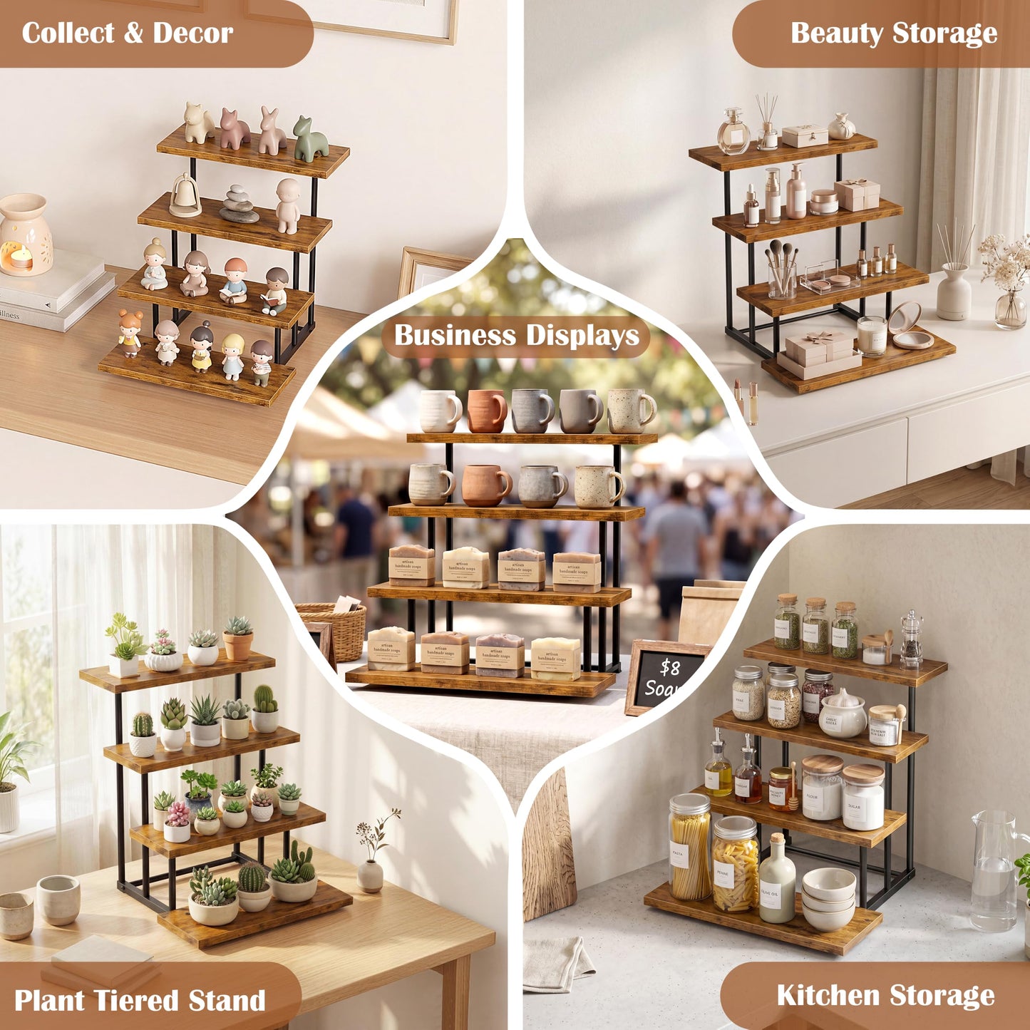 Emfogo Wooden Cupcake Display Stand, 4 Tier Rectangular Tiered Dessert Stands, Cupcake Display Risers for Vendor Booth Dessert Table Party Wood Serving Tray for Cup Cake Cookie Food (1 Pack)