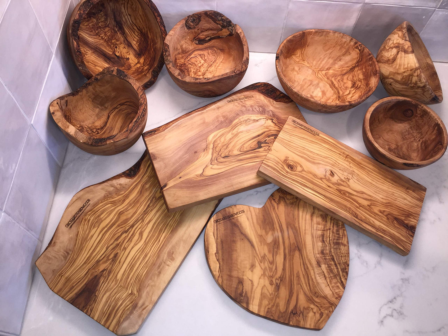 ORCHARD HARDWOODS 8" Artisan Olive Wood Serving Bowl Wooden Farmhouse Décor Bowl for Fruit, Salads, Snacks, Dips, Keys, Potpourri. In Small 6", Med 7", Lg 8", XL 11", XXL 12". (Large 8 inch)