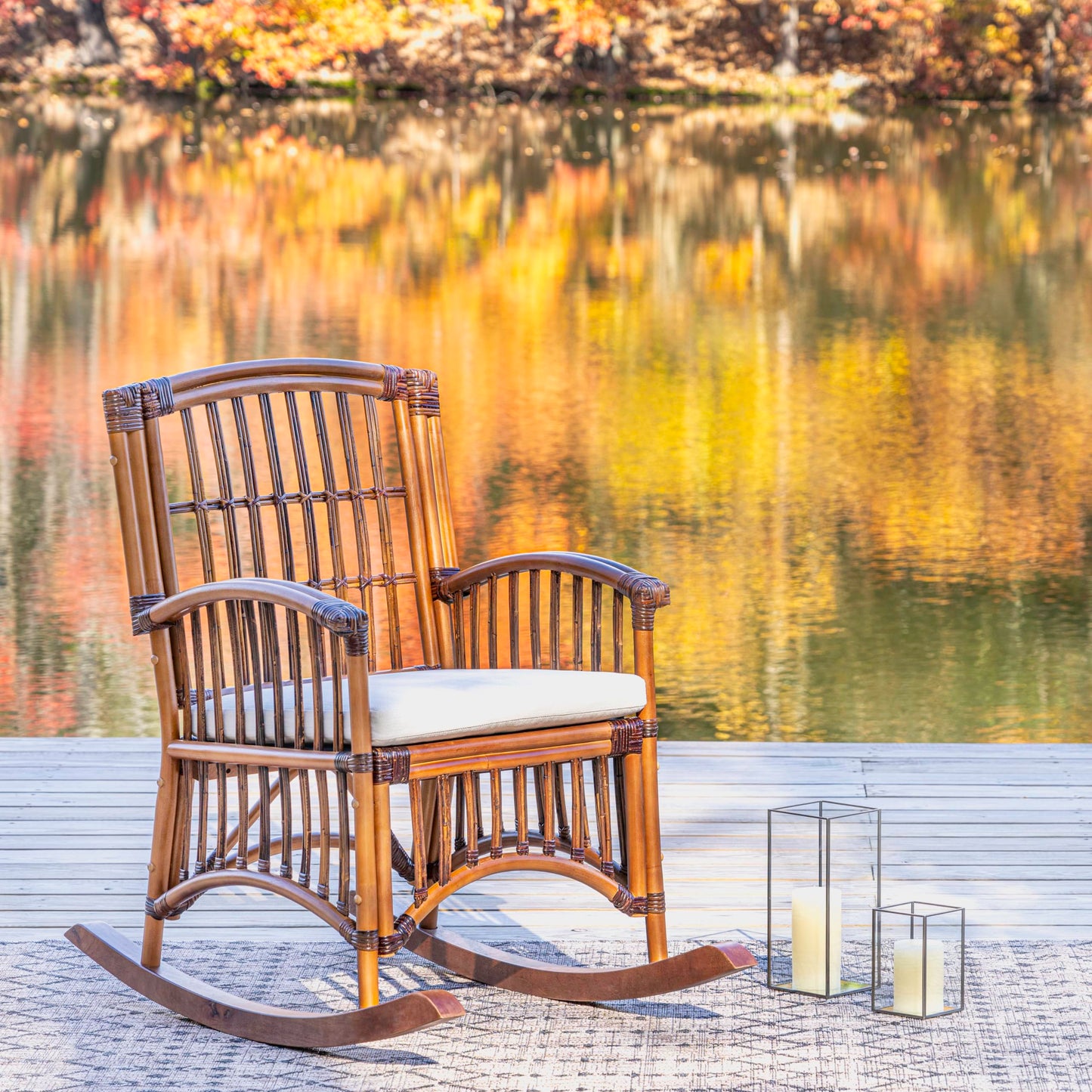 JONATHAN Y Swayze Mango Wood and Rattan Rocking Chair with Cushion, 39" H Bohemian Indoor Accent Armchair for Nursery or Living Room, Brown RCK200A