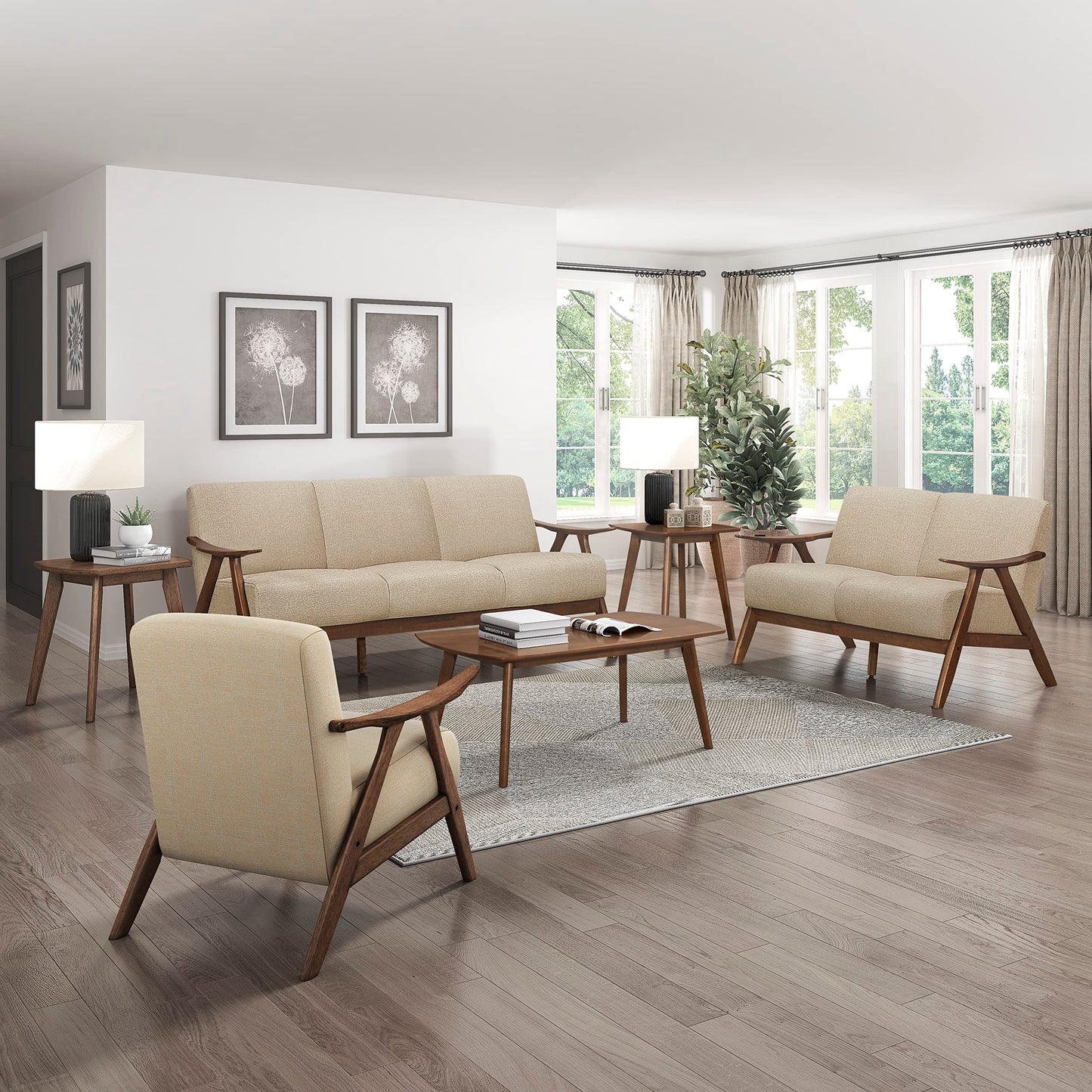 Lexicon Mid Century Modern Accent Chair with Solid Wood Frame in Walnut Finish, Upholstered Living Room Lounge Arm Chair, Thick and Comfy Innerspring Seat Cushion, Linen-Look Fabric, Light Brown