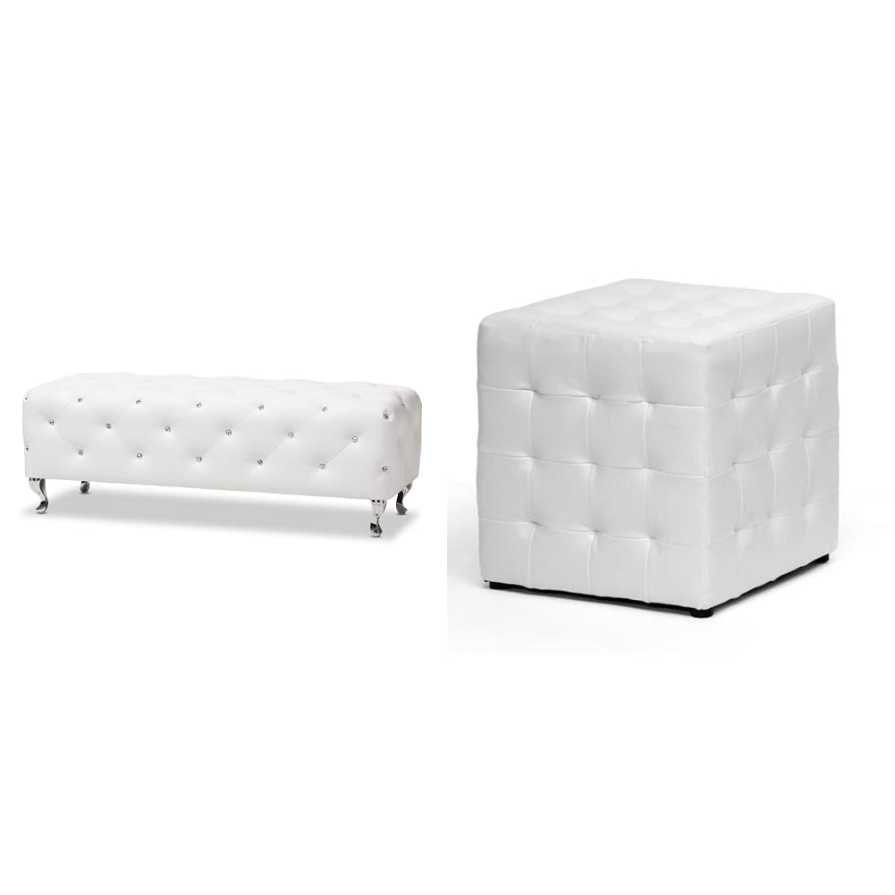 Baxton Studio Stella Crystal Tufted Modern Bench, White (54"x19"x19.5") Siskal Modern Cube Ottoman, White, Set of 2