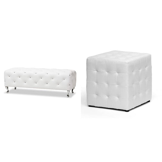 Baxton Studio Stella Crystal Tufted Modern Bench, White (54"x19"x19.5") Siskal Modern Cube Ottoman, White, Set of 2
