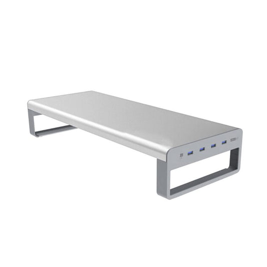 OTM Essentials Aluminum Monitor Stand with 4 USB Ports, Non-Slip Padding & Tilted Surface, Slim Computer Monitor Riser for Laptop, PC & Gaming Desk Organizer, Silver Finish for Home & Office Setup