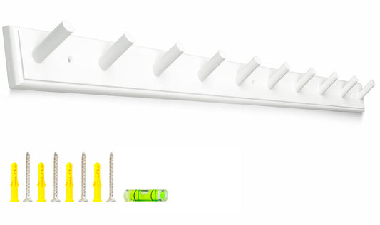 10 Hook Coat Rack Wall Mounted, Long 38 Inches Wooden Wall Coat Hanger with 10 Pegs, 16'' Hole to Hole Wall Coat Hooks for Hanging Towels, Hats, Backpacks, Clothing, Caps (White