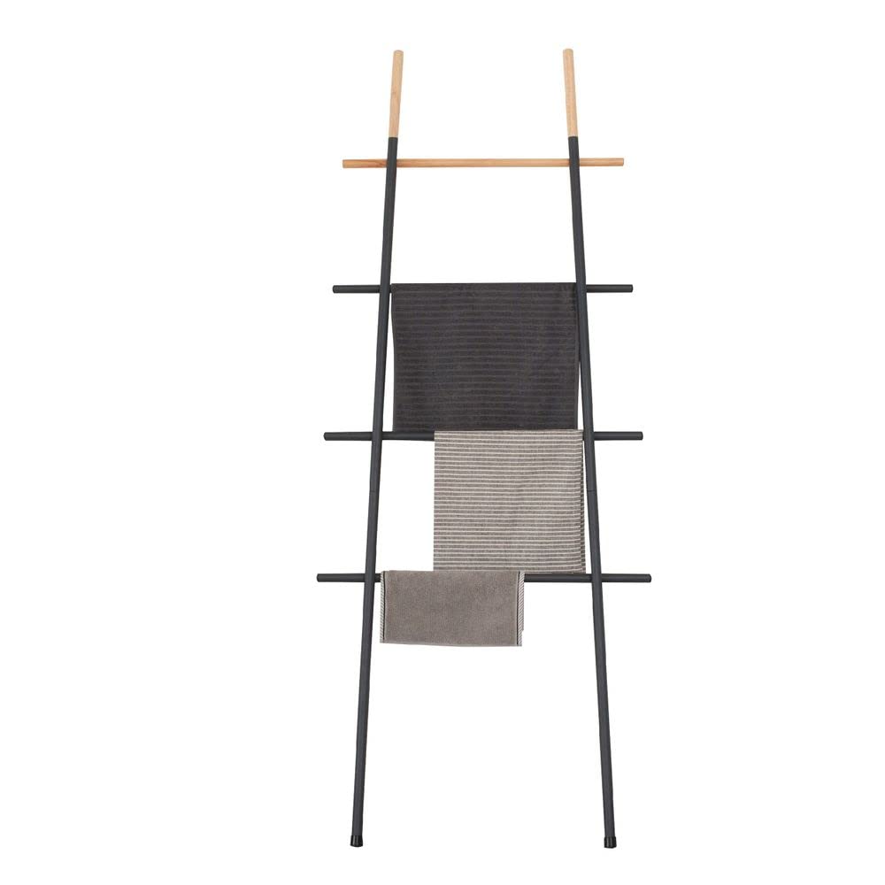 Freestanding Towel Ladder Rack, Space Saving, No-Scratch Wood, for Household Use (Black)