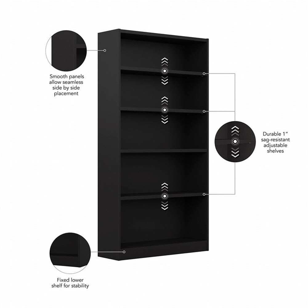 Bush Home Tall 5 Shelf Bookcase, 5 Tier Bookshelf Storage Cabinet with Adjustable Shelves for Living Room, Bedroom or Home Office, Universal Collection, Black