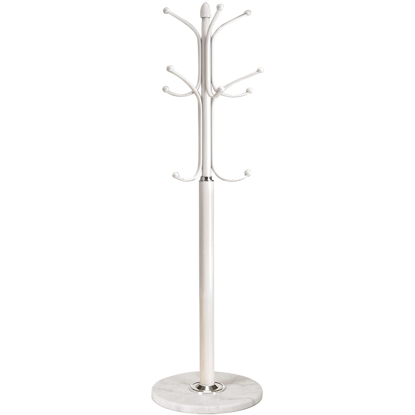 Kertnic Freestanding Coat Rack Stand, Heavy Duty Metal Hall Tree with 12 Hooks, 70 Inch Tall Stable Coat Hanger with 14.6" Natural Marble Base, Entryway Organizer for Coats Bags Hats Purses (White)
