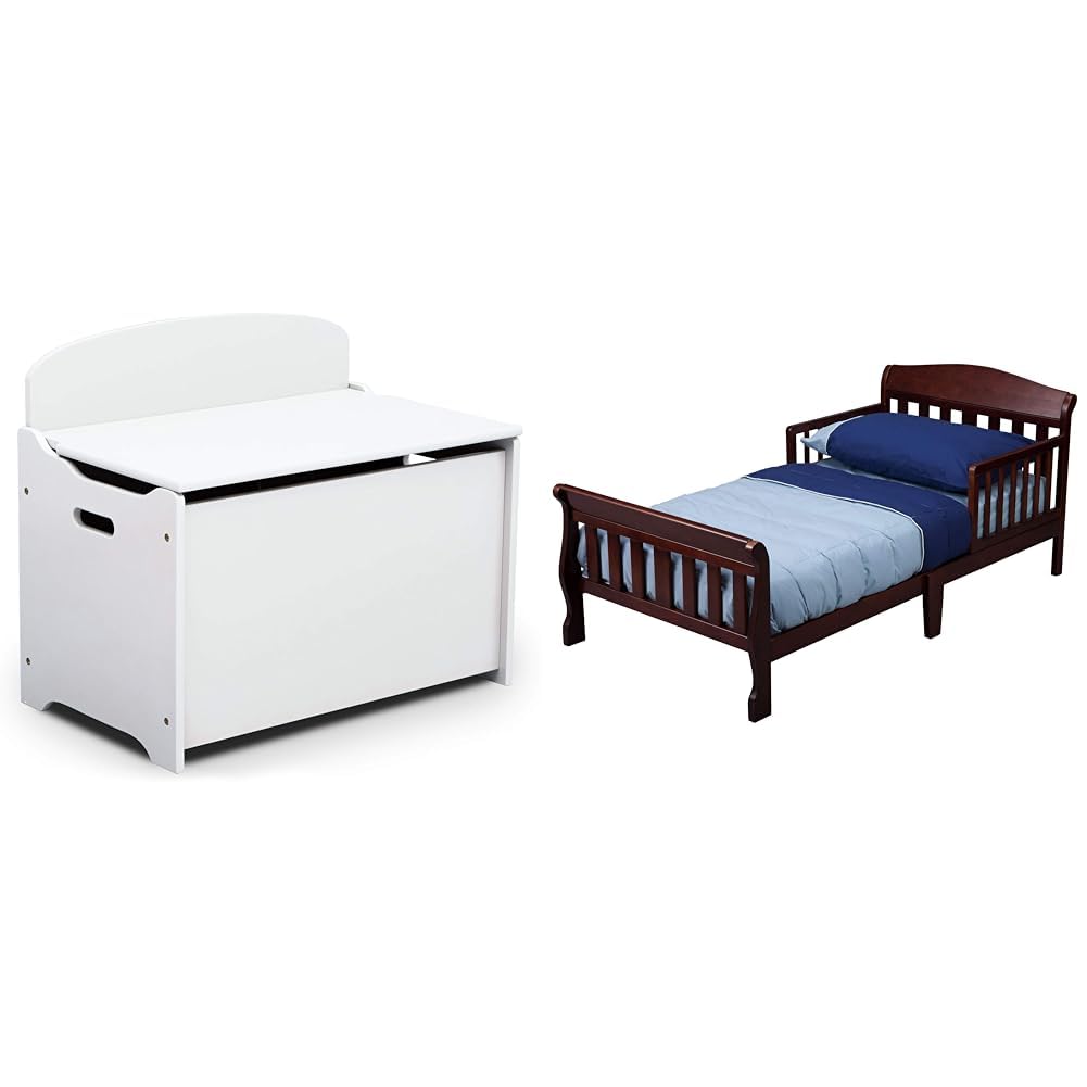 Delta Children MySize Deluxe Toy Box - Greenguard Gold Certified, Bianca White & Canton Toddler Bed, Cherry