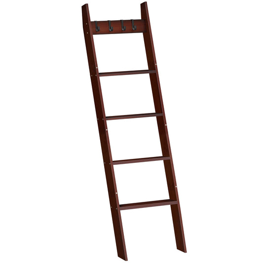 HOOBRO Blanket Ladder for Living Room and Bedroom, 5-Tier Wall Leaning Towel Rack for Bathroom, Decorative Ladder Shelf with 4 Removable Hooks, Farmhouse Blanket Storage, Brown BR51CJ01G1