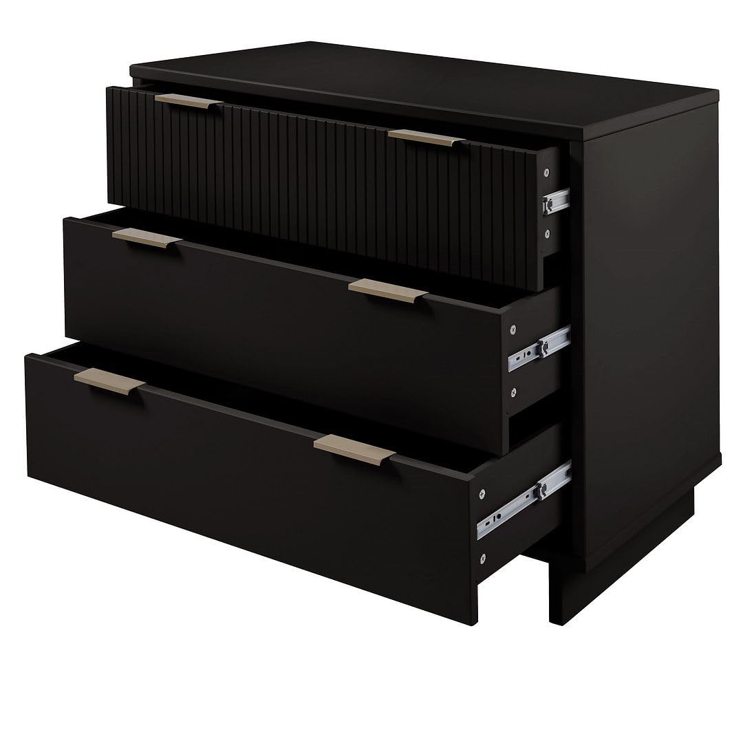 Manhattan Comfort Granville 38-Inch Solid Wood Dresser with 3 Full Extension Soft Close Drawers, Fluted Ribbed Front with Gold Metal Handles for Bedroom, Living Room, Dorm, Nursery in Black