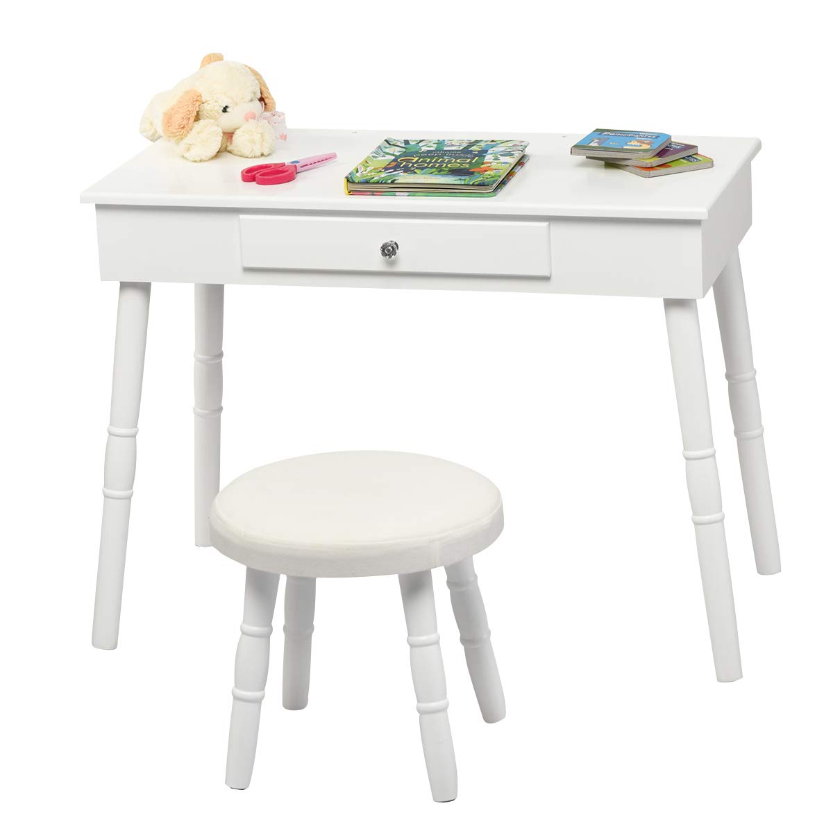 GOFLAME Kids Vanity Set, Princess Dressing Table Set, Wooden Dresser, Little Girls Makeup Table and Stool Set, Pretend Beauty Play Set with Real Mirror, Pull-Out Drawer and Cushioned Stool (White)