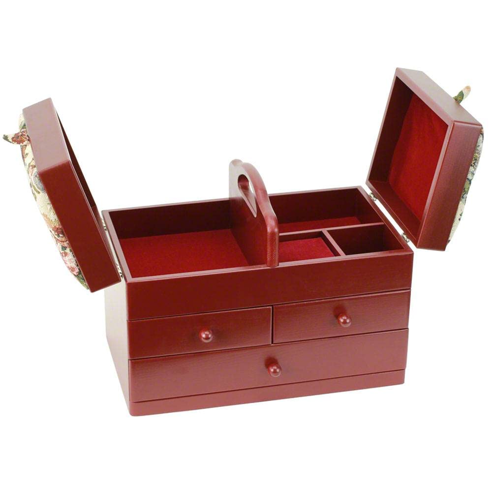 Classic Expanding Wood Sewing Box Basket Storage Caddy with tapestry padded lid, 2x3 Tiers with Easy Carrying Handle, Red