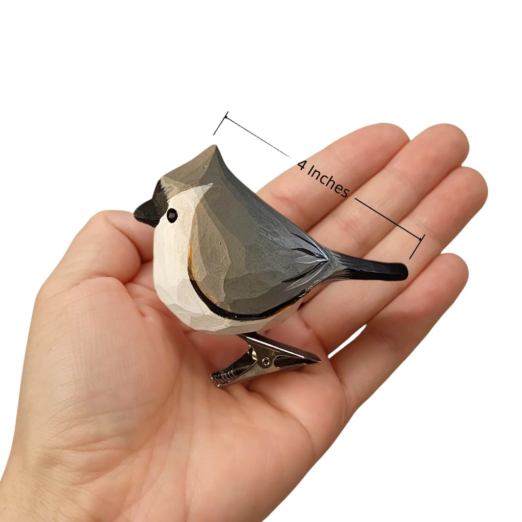 WOODEN ISLANDS Hand-Carved Wooden Bird Clip – Gray Tufted Titmouse Figurine, Handmade Ornament, Gift Boxed for Bird Lovers, Home Decor, Especially for You