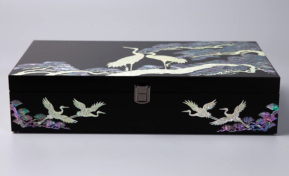 Antique Alive Mother of Pearl Wood Sunglasses Box Eyeglasses Valet Display Storage Case for Glasses, Watches, Jewelry, Trinkets Wooden Accessory Organizer Gift (Crane & Pine Black)