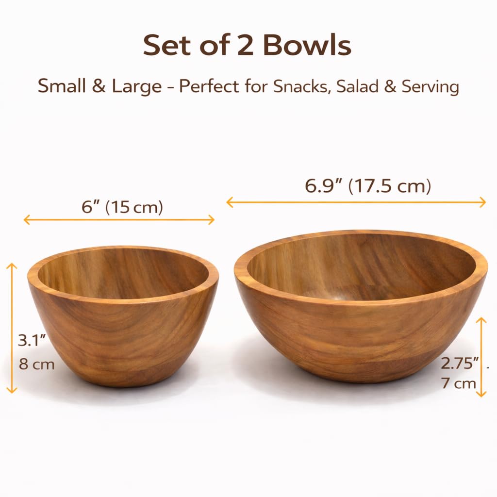 AYANSHITIK Acacia Wood Bowls Set of 2 – Small & Large Wooden Serving Bowls, 100% Natural Solid Acacia, Smooth Finish, Water Resistant, Easy to Clean, Salad Snack Fruit Kitchen Bowls