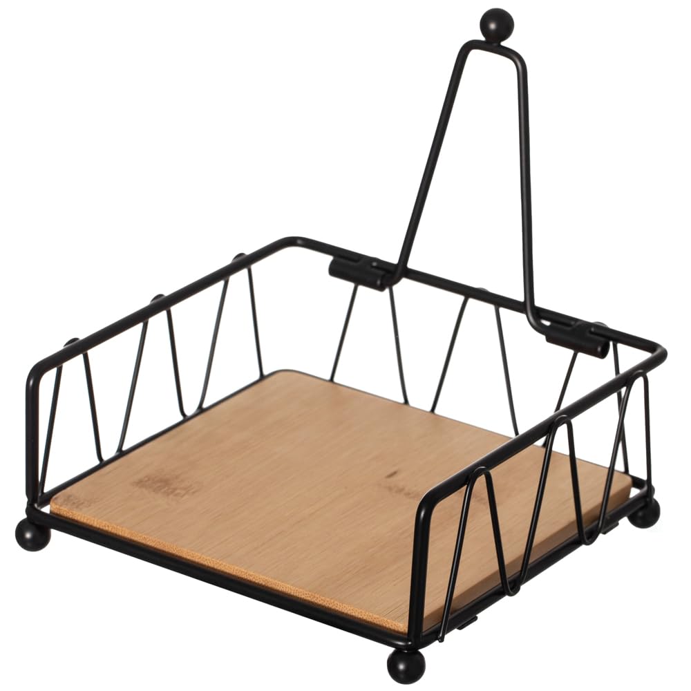 Flat Metal Square Napkin Holder with Weighted Arm and a Wooden Tray Perfect for Adorning Dining Table, Kitchen Countertop and Napkin Holder for Bathroom also Good for Outdoor Table at Restaurant