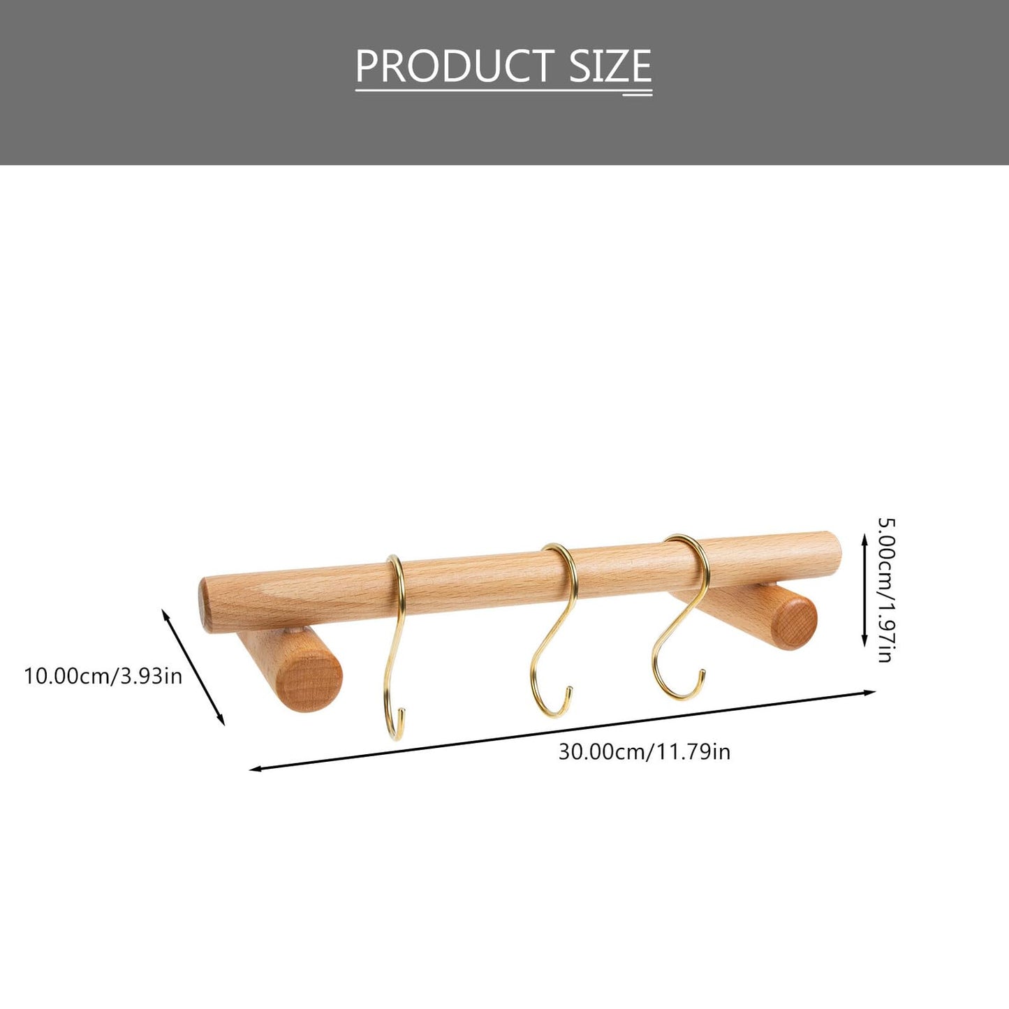 HOMOCONO Wooden Towel Rack Wall-Mounted Bathroom and Kitchen Towel Bar Installation with Brass S-Hooks Corrosion-Resistant Single Rod Holder for Quick Drying