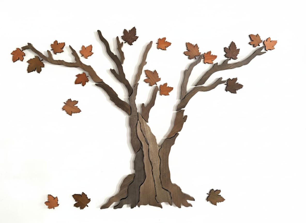 Handcrafted Wooden Maple Tree Wall Art - Large Rustic Tree Sculpture with Falling Leaves for Living Room, Above Sofa, Bedroom & Yoga Room, 59" x 39"