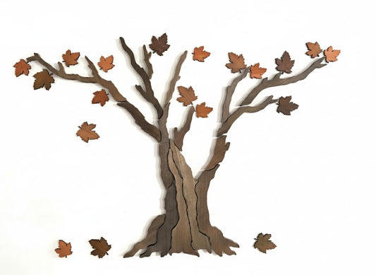 Handcrafted Wooden Maple Tree Wall Art - Large Rustic Tree Sculpture with Falling Leaves for Living Room, Above Sofa, Bedroom & Yoga Room, 59" x 39"