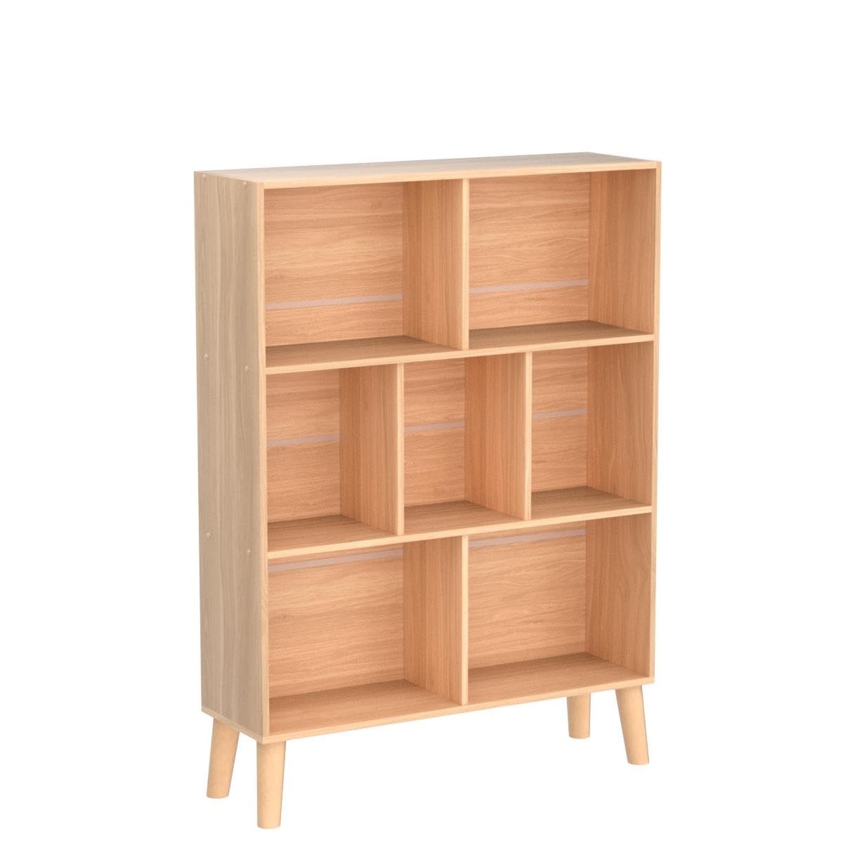 LEYAOYAO Wooden 7 Cube Book Shelf, Natural 3 Tier Bookshelf with Legs, Modern Open Storage Organizer,Boho Bookcase,Display Cabinet Shelf Free Standing Bookshelves for Bedroom,Living Room,Office
