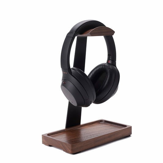 NIRVASH Walnut Headphone Stand, Wooden Headset Stand for Desk, Wood Gaming Headphone Holder with Storage Base for Airpod max, Bose, Razer, Sennheiser, Jabra, JBL, AKG, Vintage Gift for Men, Black