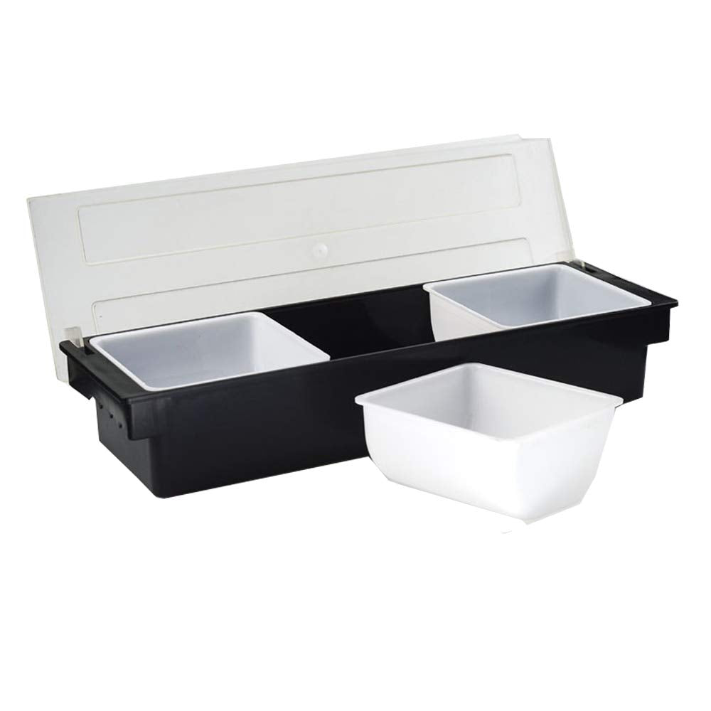 FEOOWV Fruit Veggie Condiment Caddy with Lid, 3 Compartment Plastic Dispenser Tray for Catering Dips Toppings, Serving Taco, Ice Cream, Fruit, & Salad Bar Garnish Organizer for Restaurant Supplies