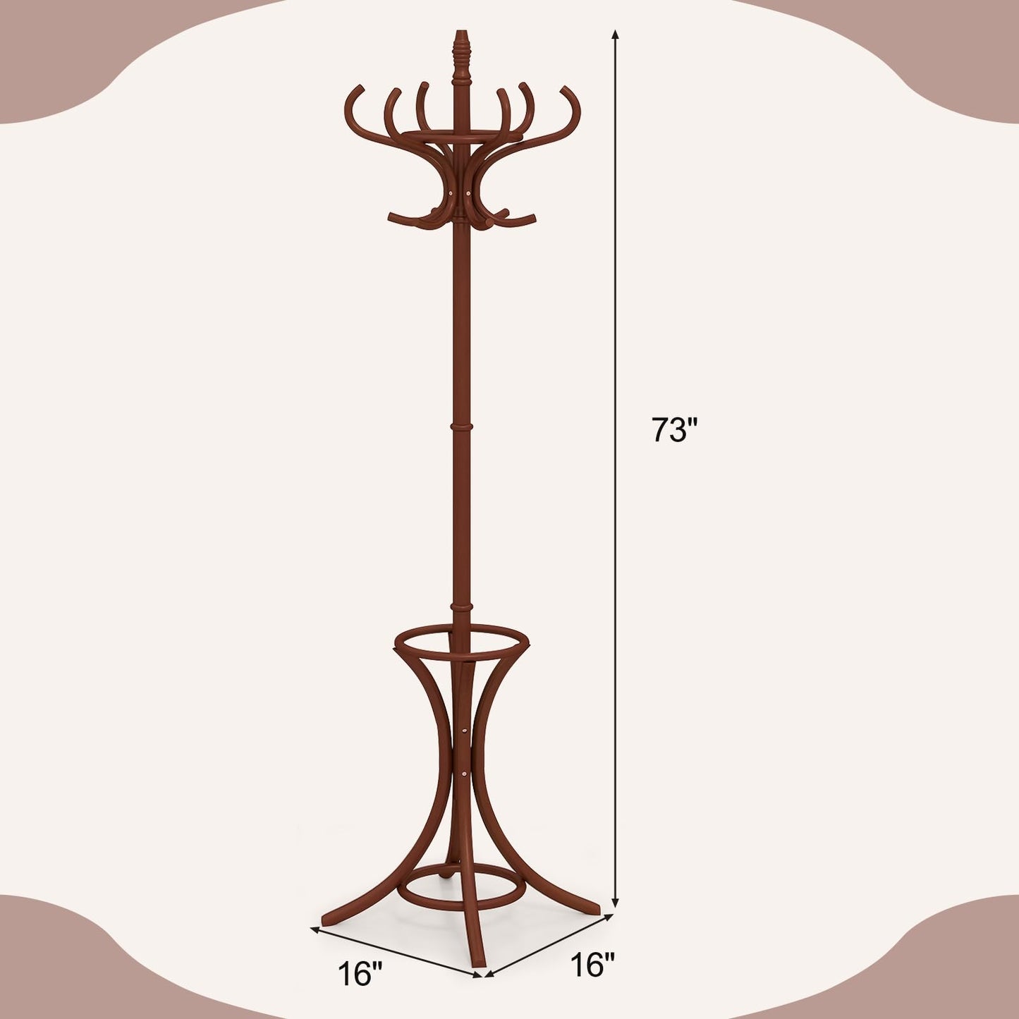 GOFLAME 73" Coat Rack Freestanding, Wooden Coat Tree with 12 Hooks and Umbrella Stand, Entryway Hall Tree, Hat Hanger Organizer, Coat Rack Stand for Coats, Hats, Scarves, Easy Assembly, Reddish Brown