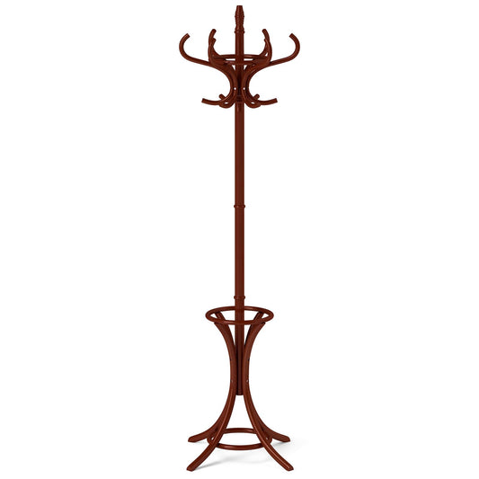 GOFLAME 73" Coat Rack Freestanding, Wooden Coat Tree with 12 Hooks and Umbrella Stand, Entryway Hall Tree, Hat Hanger Organizer, Coat Rack Stand for Coats, Hats, Scarves, Easy Assembly, Reddish Brown