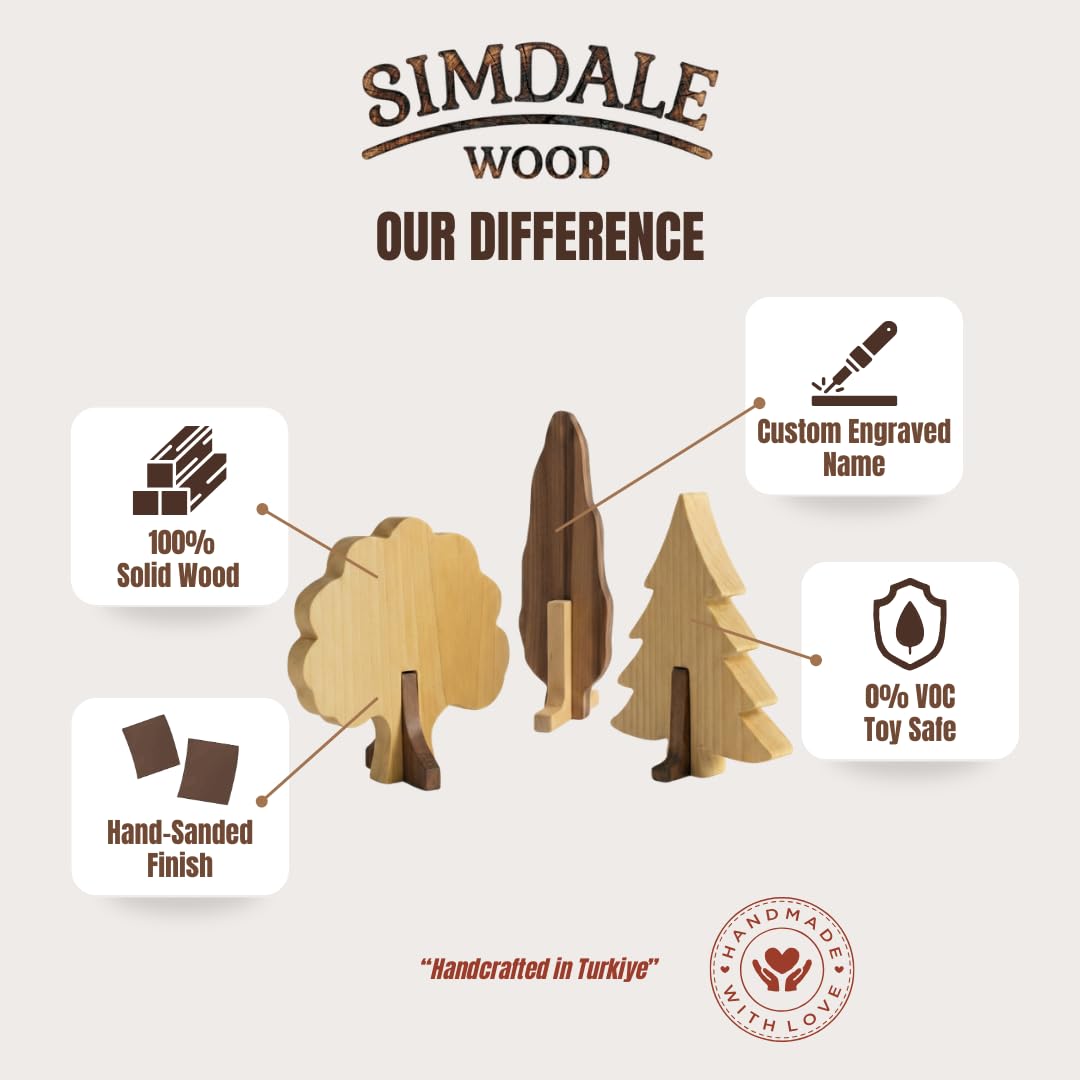 Simdale Wood Personalized Wooden Forest Trees - Walnut & Linden Two-Tone Figurines - Oak, Pine & Cypress Shapes - Rustic Nature Table Decor & Shelf Sitter (Pine Tree)