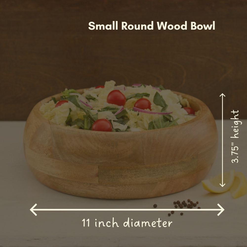 Round Wood Salad Bowl Set, Mango Wood, Small 11 Inch and Large 13 Inch, Natural Finish, Serving Bowls for Fruits and Salads (Set of 2)