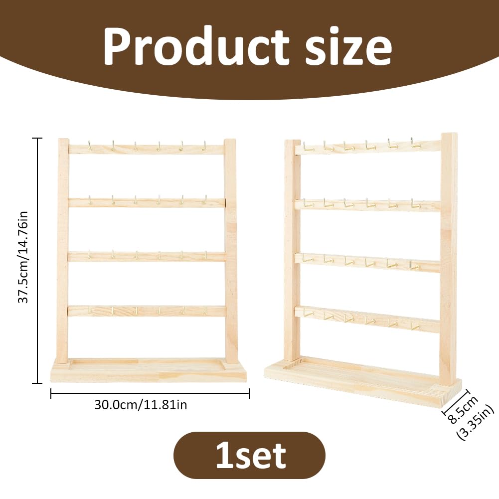 SUPERFINDINGS 4 Tier Wooden Earring Display Stand Keychain Display Stand with 24 Gold Hooks Rack Earring Cards Organizer with Trays for Retail Counter Home Entryway Keychain Necklace Bracelet