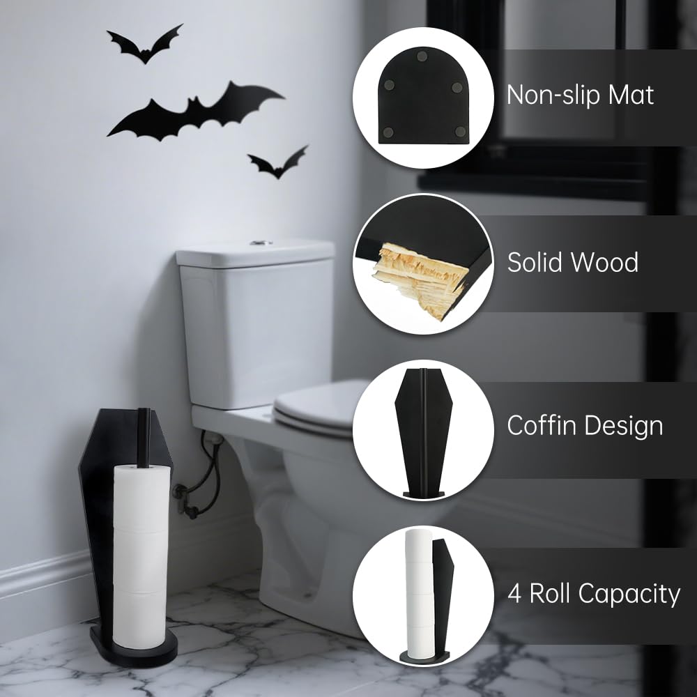 Gothvanity Gothic Coffin Toilet Paper Holder Stand - Free Standing Matte Black Bathroom Storage, Solid Wooden with 5 Anti-Slip Pads, Spooky Dark Aesthetic Bathroom Decor