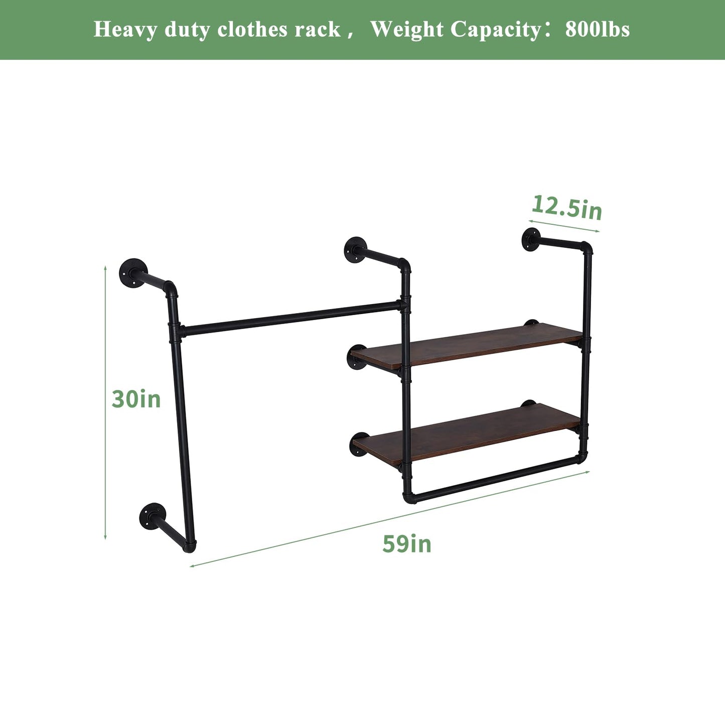 EDCB Industrial Pipe Wall-Mounted Clothing Rack with 2 Wood Shelves - Heavy Duty Double Rod Metal Garment Organizer for Bedroom/Retail Stores, Black (30H×12.5D×59W inch)
