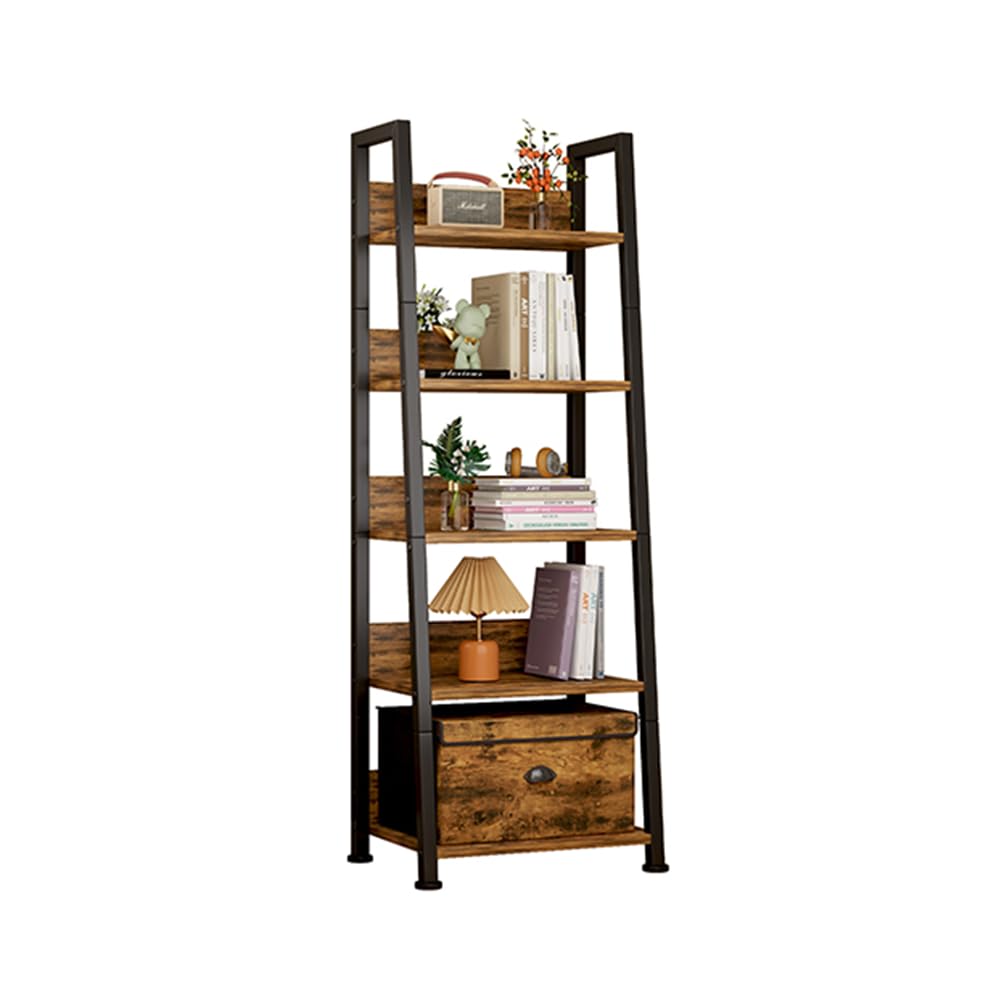 Aivernses Bookshelf, 55 Inch 5-Tier Ladder Shelf Bookcase with Free Storage Box, Rustic Brown Wooden Storage Shelf for Living Room, Bedroom, Kitchen, Narrow Space-Saving Design