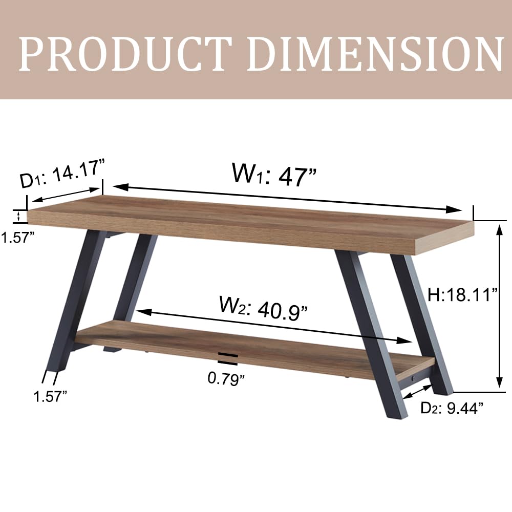 LVB Industrial Entryway Bench, Wood and Metal Storage Bench for Living Dining Room, Farmhouse Indoor Entry Way Shoe Benches Seat, Rustic Oak, 47 Inch Long