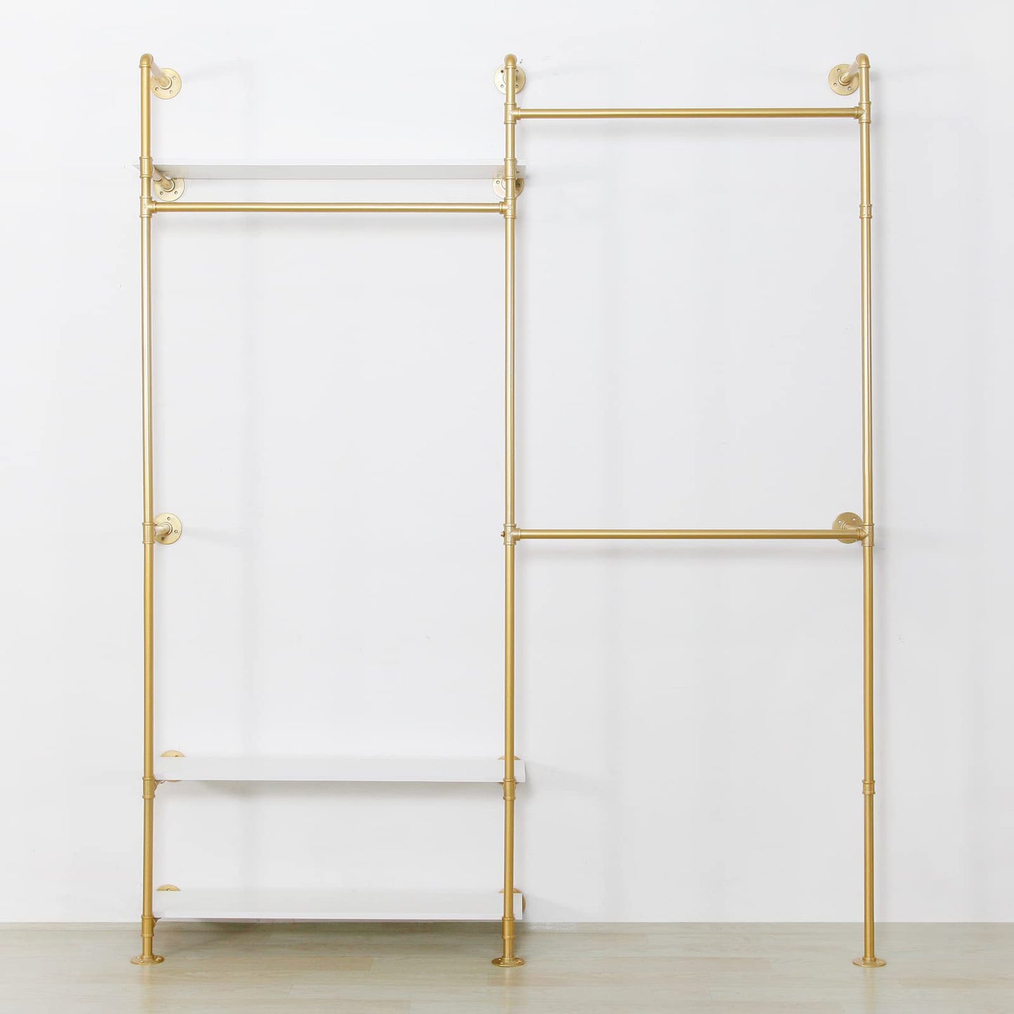 EDCB Heavy Duty Industrial Clothing Rack - 3-Tier Wall Mounted Garment Rack with Wood Shelves, Golden Pipe Closet Storage Organizer for Retail Stores & Bedroom (92.1X76.8inch)