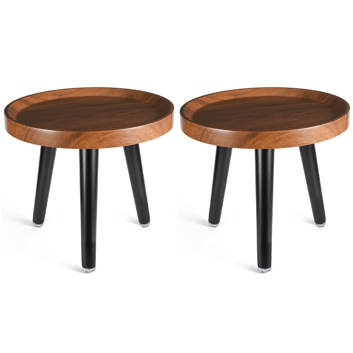 KGPLOME Indoor Plant Stand,Wood Mid Century Plant Table in Walnut Finish,Tall Plant Stand for Flower Pot,Modern Round Small Side End Table with Raised Design (Walnut, 12"x10.8" 2 Pack)