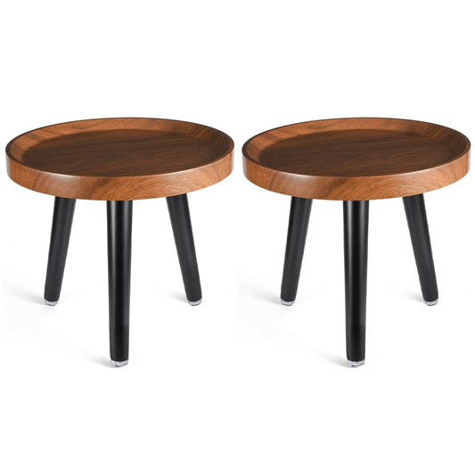 KGPLOME Indoor Plant Stand,Wood Mid Century Plant Table in Walnut Finish,Tall Plant Stand for Flower Pot,Modern Round Small Side End Table with Raised Design (Walnut, 12"x10.8" 2 Pack)