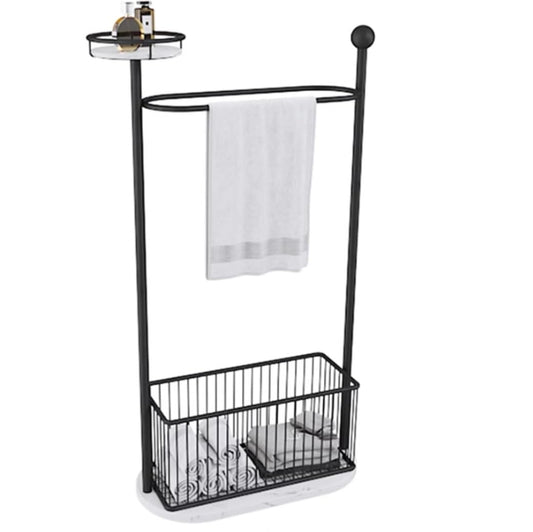 BIOMICE Floor Towel Rack Freestanding Towel Rack with Marble Base Metal Towel Stand with Laundry Basket and Storage Shelf Freestanding Towel Racks(Black)