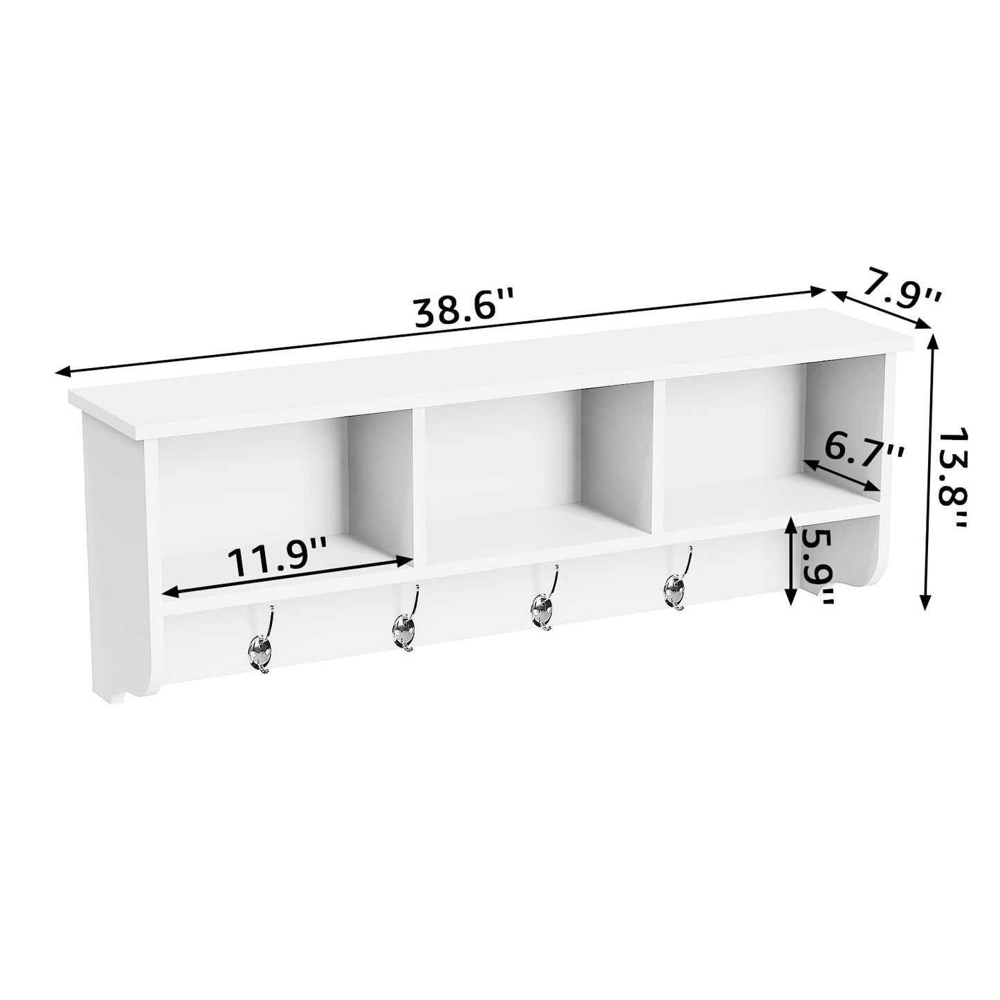 TUNGTAR 38.6inch Wall Mounted Entryway wooden Coat Rack with Storage Shelf 4 Dual Hooks Wooden Storage Living Room Wall Cabinet with 3 Cubbies Space Saving Hanging Shelf for Hats Bags Coats (White)