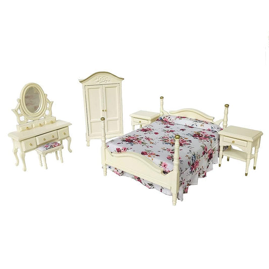 iLAND Dollhouse Furniture 1/12 Scale Victorian Bedroom 6pcs, Handcrafted Doll House Furniture and Accessories Set, Cream-Colored Wooden Mini Bed Dresser Wardrobe End Tables, Ideal Gift Fits 4-6" Doll