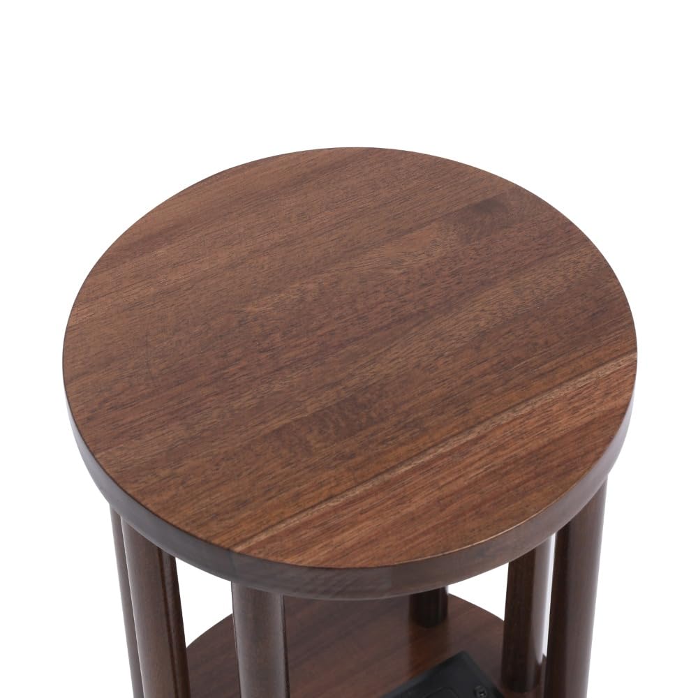 9 x25 Fully Assembled Walnut Wood Round Drink Table with Charging Station, Mid-Century Modern Circle Wood Accent Pedestal Table for Living Room or Small Bedroom Nightstand