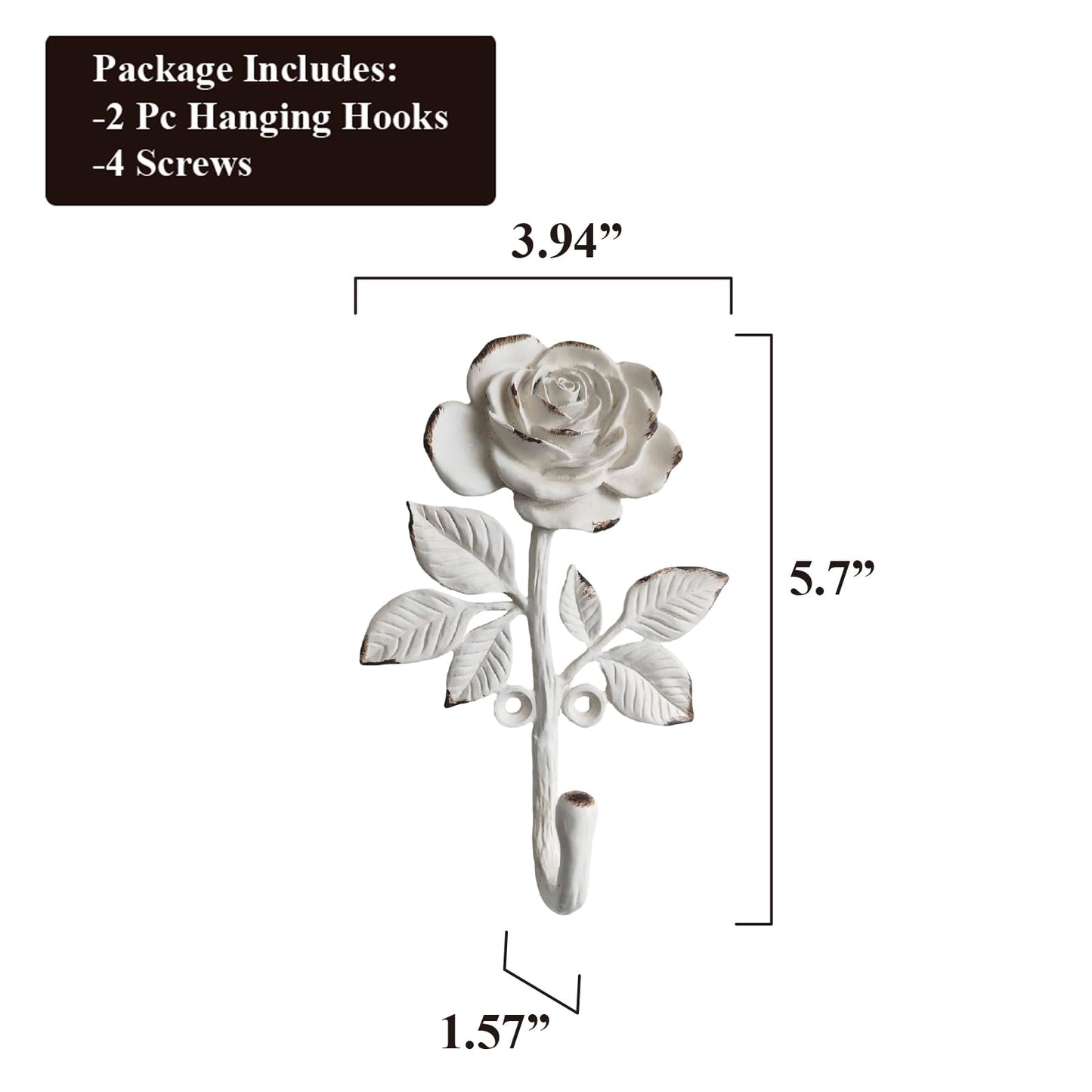 6 Funpop: 2 Pieces of White Blossoming Rose Wall Hooks, Heavy-Duty Metal Decorative Wall Hooks for Hanging Coats, Bags, Towels. Flower Ornate Style for Home Decor