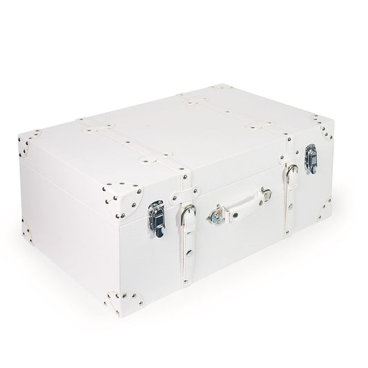 DreamsEden Large Wooden Storage Suitcase, White Elegant Decorative Trunk with Strap Decor, Portable Wood Storage Box Chest Keepsake Case