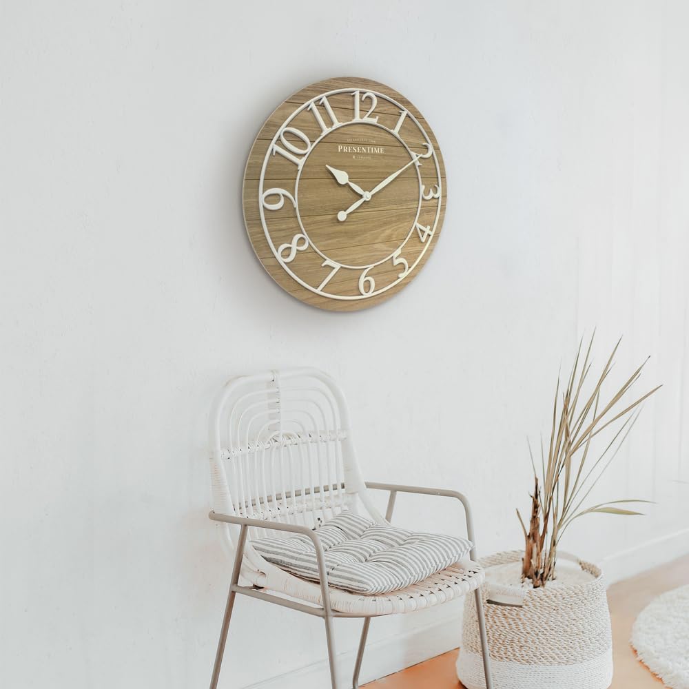 Presentime & Co Classic Farmhouse Shiplap Clock, 19.5 inch, White Arabic Numerals with Ash Wood Shiplap Style. Large Farmhouse Decor for Living Room, Entryway, Home Office, Wall Décor