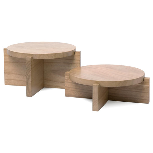 AERLO Natural Wood Riser Set of Two - Large 10” Round Wooden Plant Stands Indoor - Wood Pedestal Stands for Plants, Cakes, Drink Dispensers or Decorative Display - Mid Century Modern Plant Tables - Plant Stool for Floor or Table