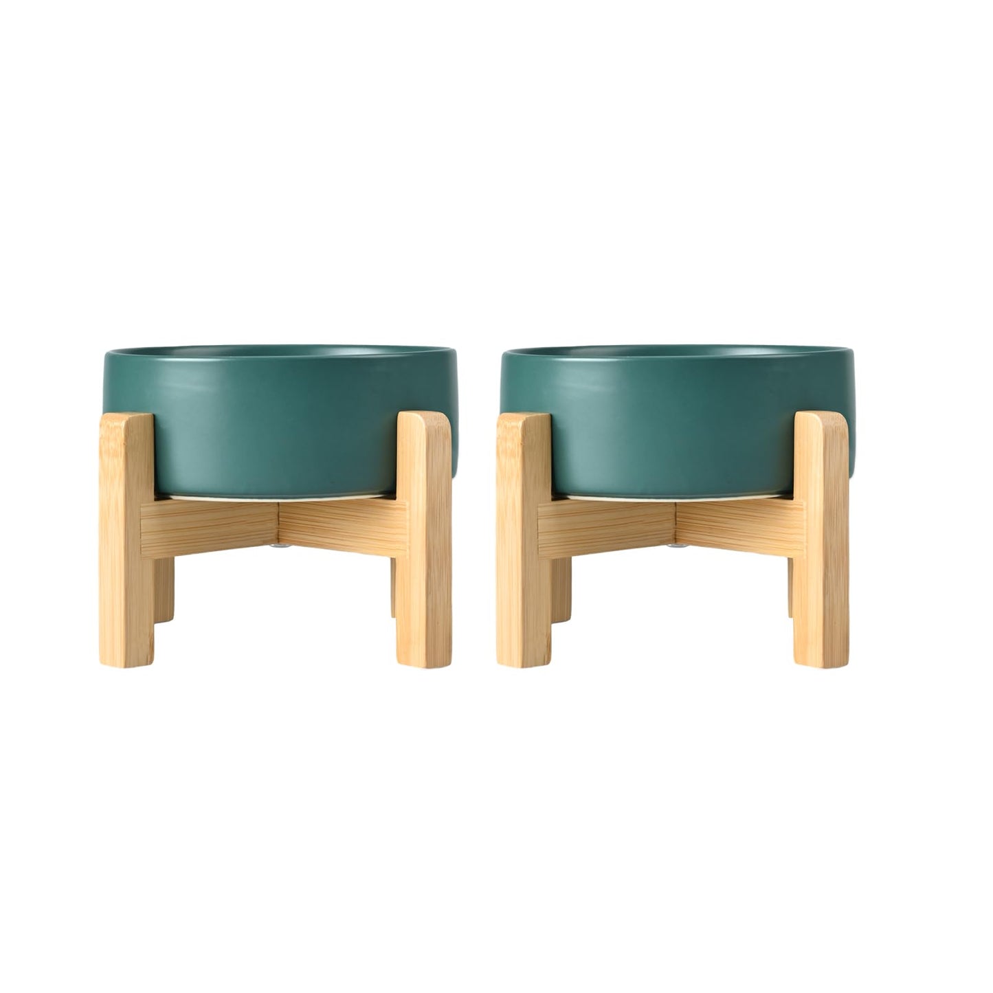 SPUNKYJUNKY Ceramic Elevated Dog Bowls 2 Pack - 5.1inch Raised Dog Bowls with Non-Slip Wooden Stand for Small Dogs Dishwasher Safe(Green,13.5OZ*2)